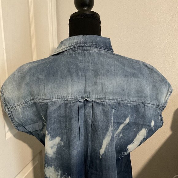 Nsf Bleached Distressed Denim Jean Chambray Button Down Mid Dress Small Western - Picture 9 of 12